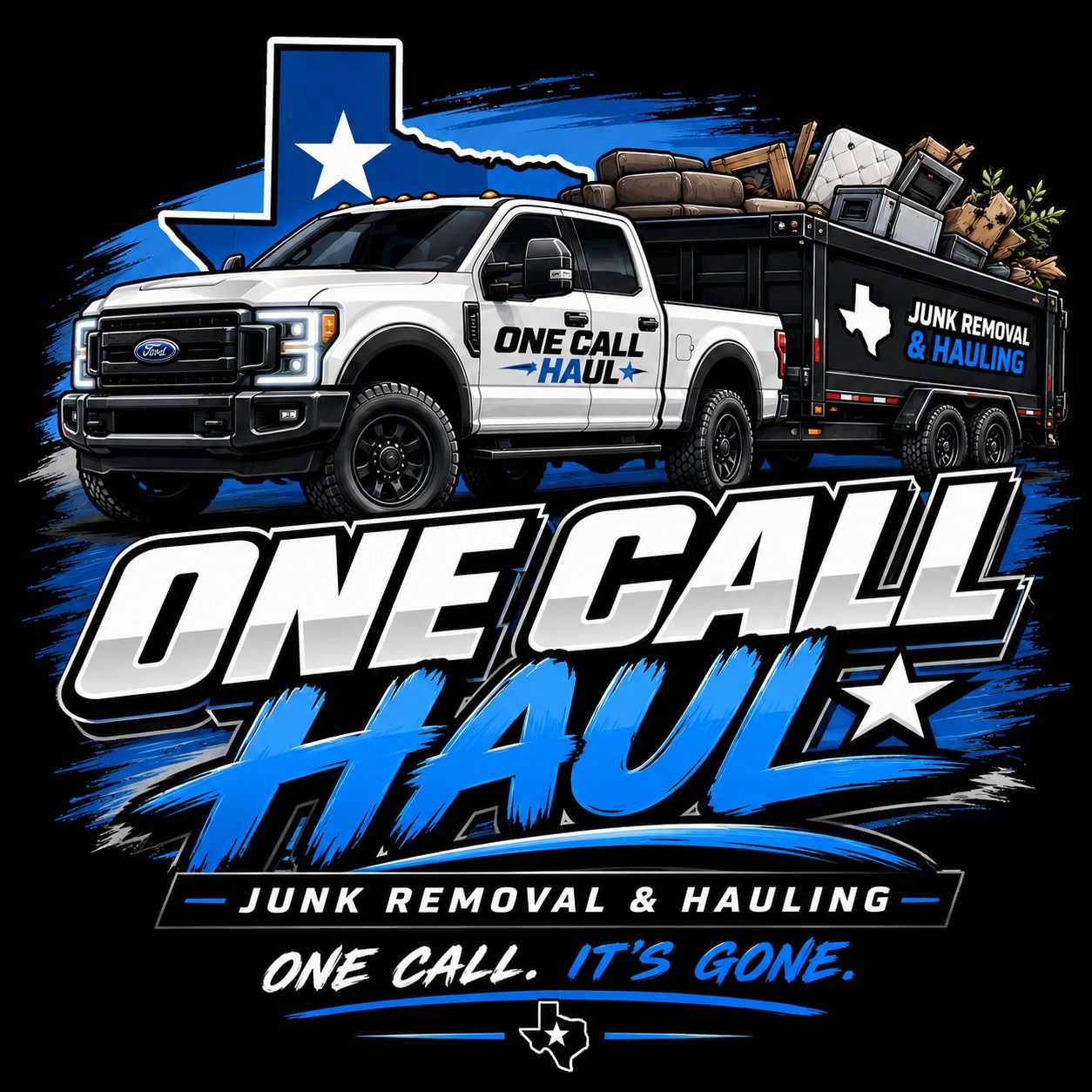 One Call Haul truck and trailer ready to haul your junk away